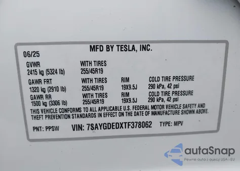 2026 Tesla Model Y Long Range Dual Motor All-Wheel Drive z USA, uszkodzony, nr VIN 7SAYGDEDXTF378062